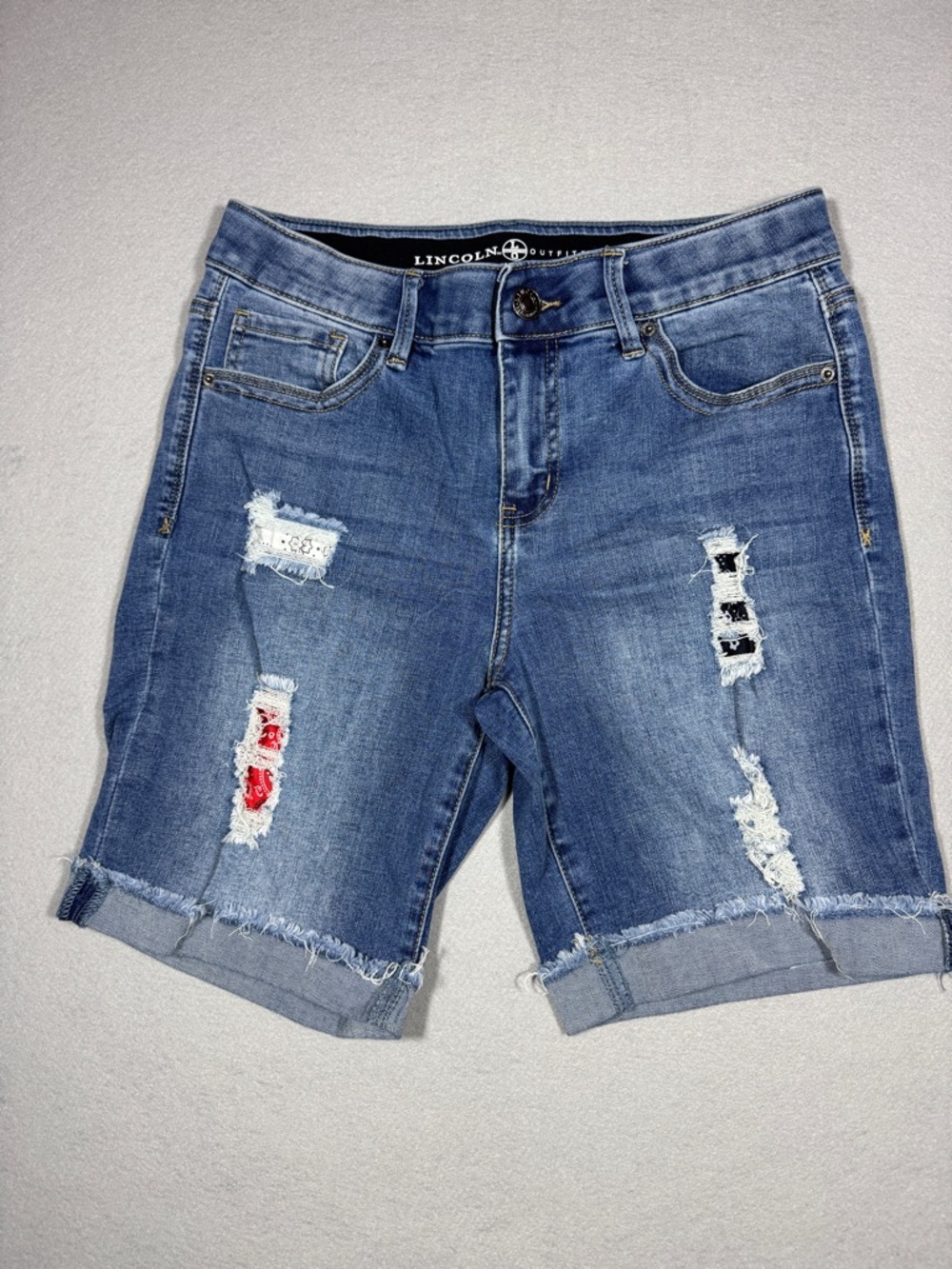 Lincoln Outfitters Denim Shorts Women’s 10 Distressed Patchwork Cuffed Bermuda